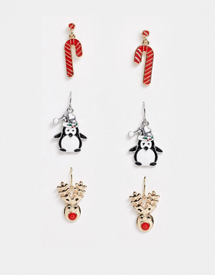 Asos Design Holidays Pack Of 3 Earrings-multi