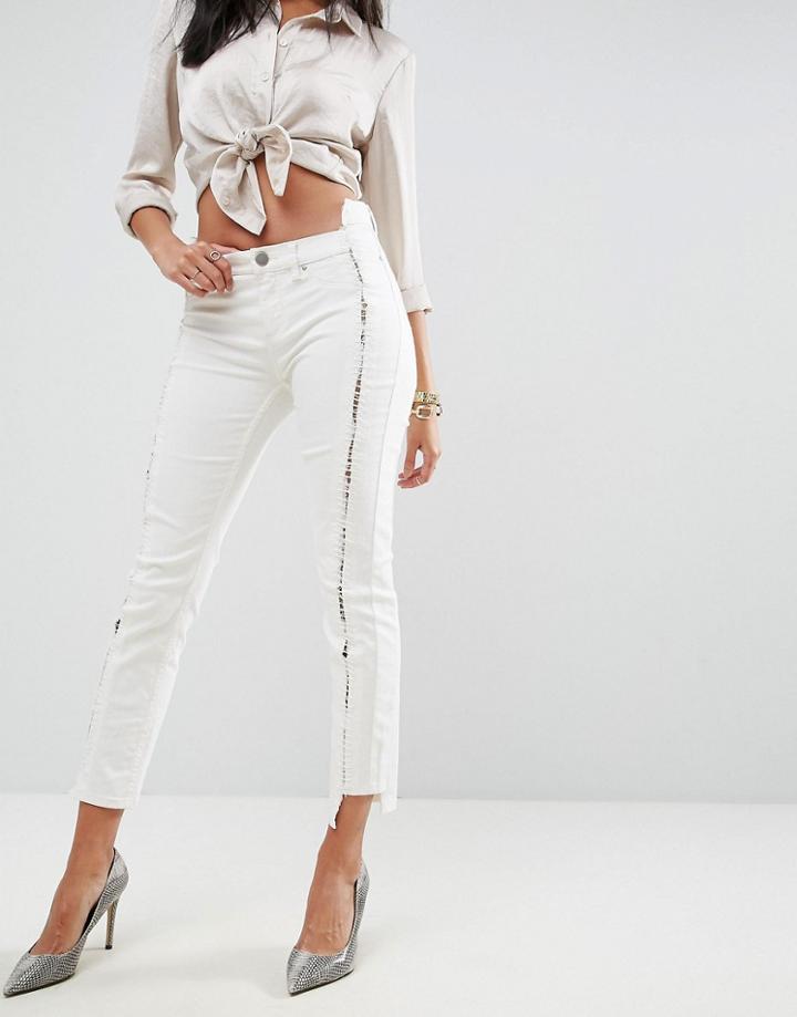 Asos Premium Whitby Low Rise Skinny Jeans In Natural Tone With Lace Up Front - White
