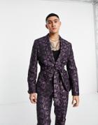 Asos Design Slim Smoking Jacket In Dark Floral-black