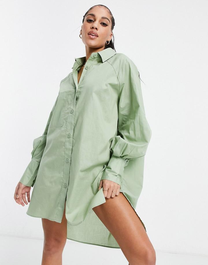 Threadbare Oversized Balloon Sleeve Shirt Dress In Soft Khaki-green