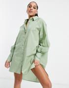Threadbare Oversized Balloon Sleeve Shirt Dress In Soft Khaki-green