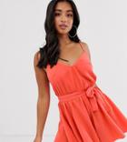 Asos Design Petite Cami Belted Romper With Frill Hem-pink