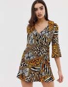 Outrageous Fortune Ruffle Wrap Mini Dress With Fluted Sleeve In Multi Chain Print