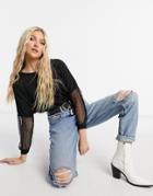 Qed London Top With Dotted Mesh Sleeves In Black