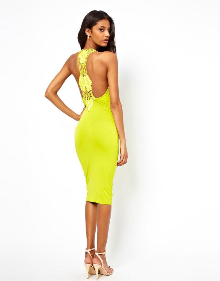 Asos Midi Bodycon With Lace Trim Back - Green