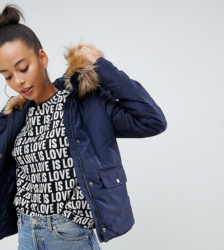 Noisy May Tall Faux Fur Padded Parka - Navy