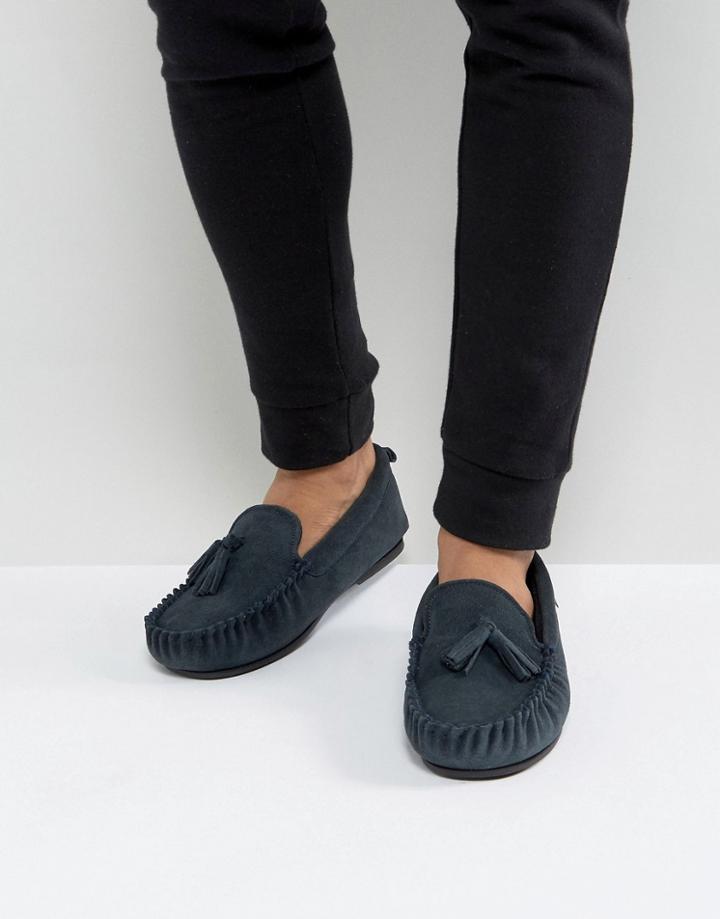 Dunlop Tassel Slippers In Navy Suede - Navy