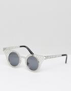 7x Cut Out Grid Round Lens Sunglasses - Silver