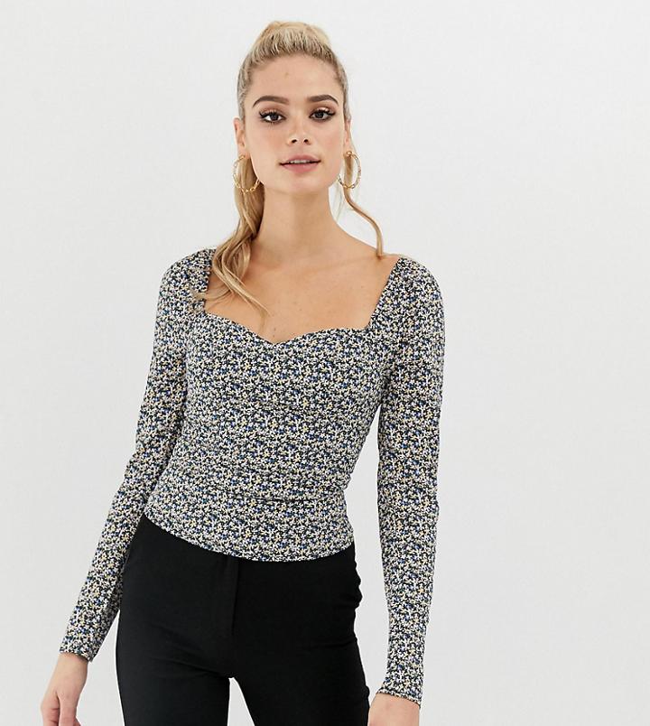 Fashion Union Tall Square Neck Long Sleeved Top In Floral - Black