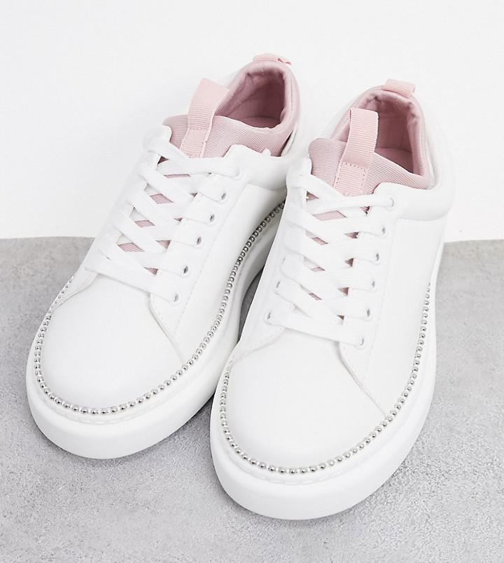 Asos Design Wide Fit Varied Chunky Lace Up Sneakers In White/pink-multi