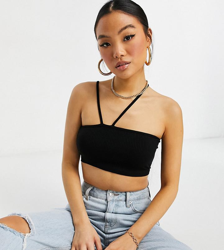 Asos Design Petite Bandeau Crop Top With Asymmetric Strap Detail In Black