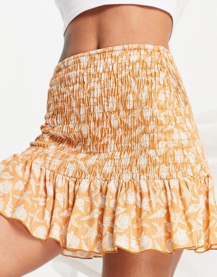 Pull & Bear Star Print Ruched Skirt In Orange - Part Of A Set-pink