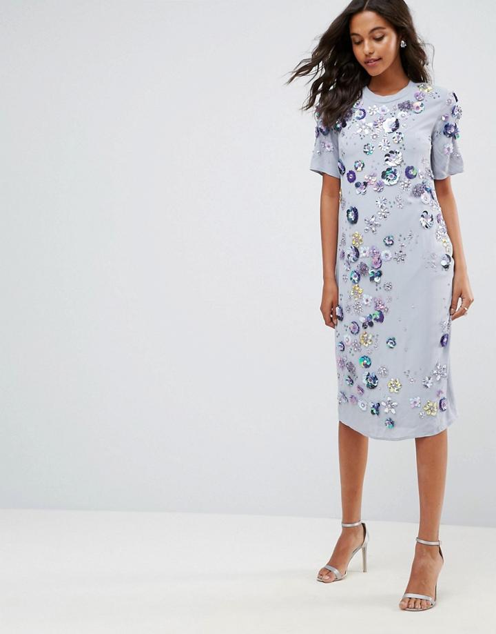 Asos Embellished Tshirt Longer Length Midi Dress - Blue