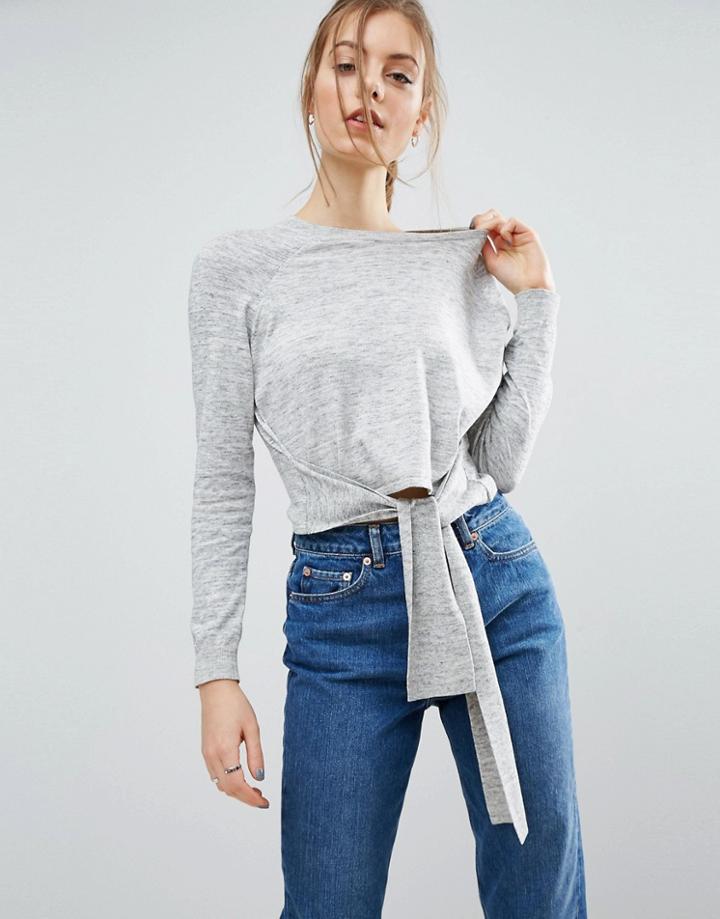 Asos Cropped Sweater With Tie Front - Gray