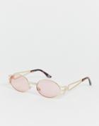 Asos Design Narrow Oval Sunglasses With Pink Lens And Gold Arm Detail - Gold