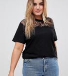 Asos Design Curve T-shirt With Lace Yoke Panel And Bubble Hem - Black