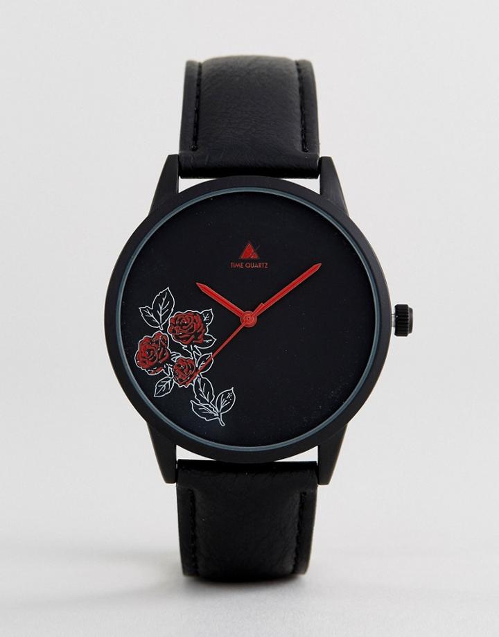 Asos Watch In Black With Dark Floral Design - Black