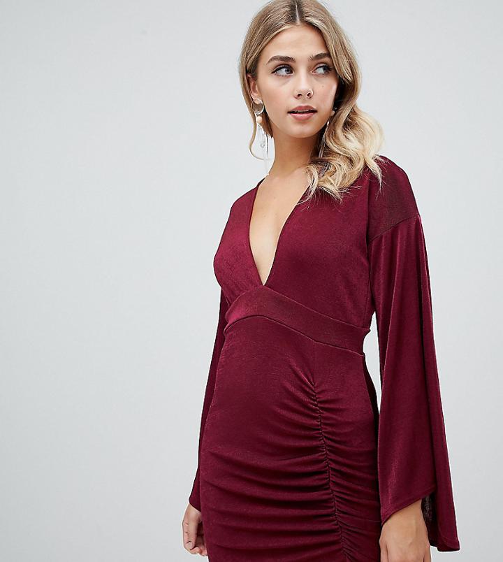 Missguided Slinky Flared Sleeve Mini Dress In Burgundy - Red