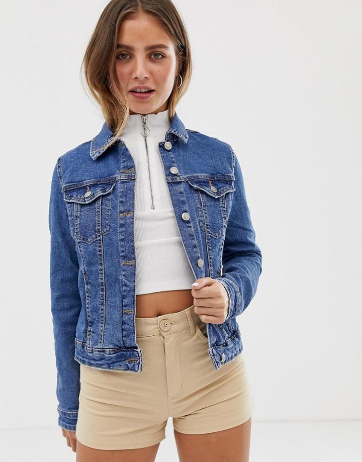 Bershka Fitted Denim Jacket In Blue - Blue