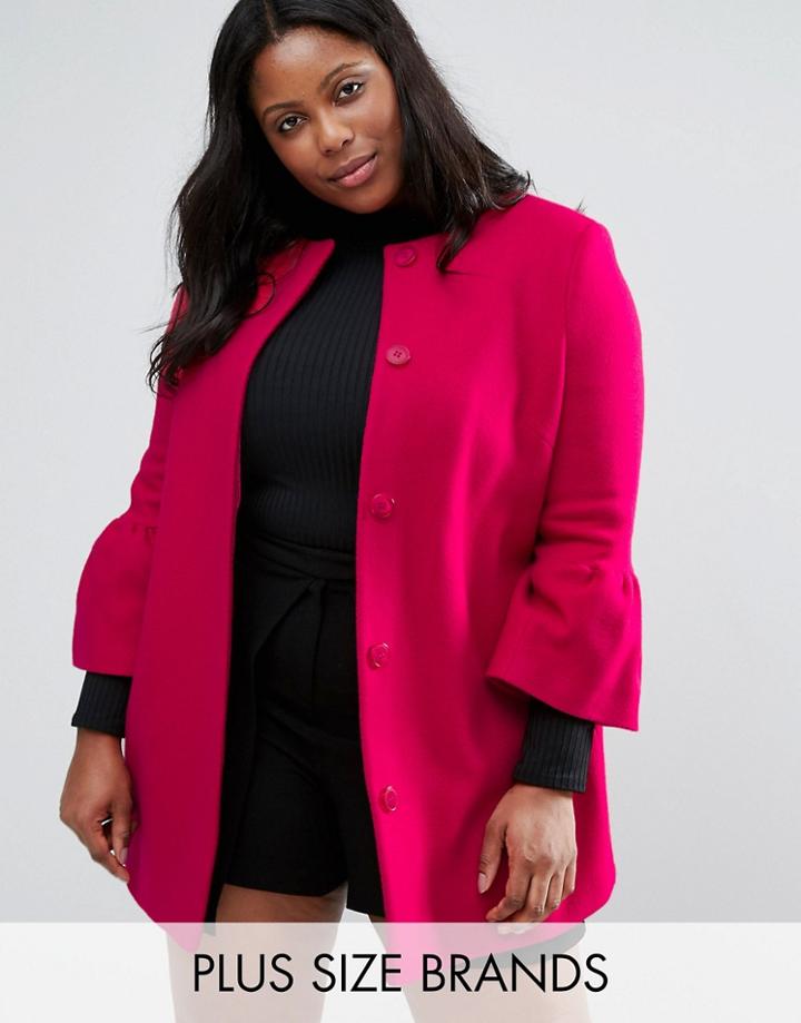 Helene Berman Plus Coat With Fluted Sleeves In Wool Mix - Pink