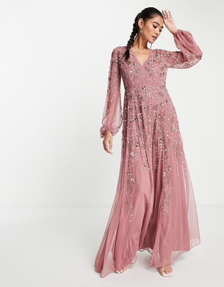 Asos Design Maxi Dress With Blouson Sleeve And Delicate Floral Embellishment-pink