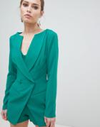 Lavish Alice Off The Shoulder Double Breasted Blazer Style Romper - Green