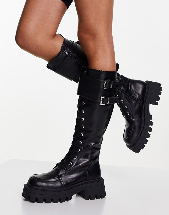 Asos Design Cranberry Chunky Lace Up Knee Boots In Black