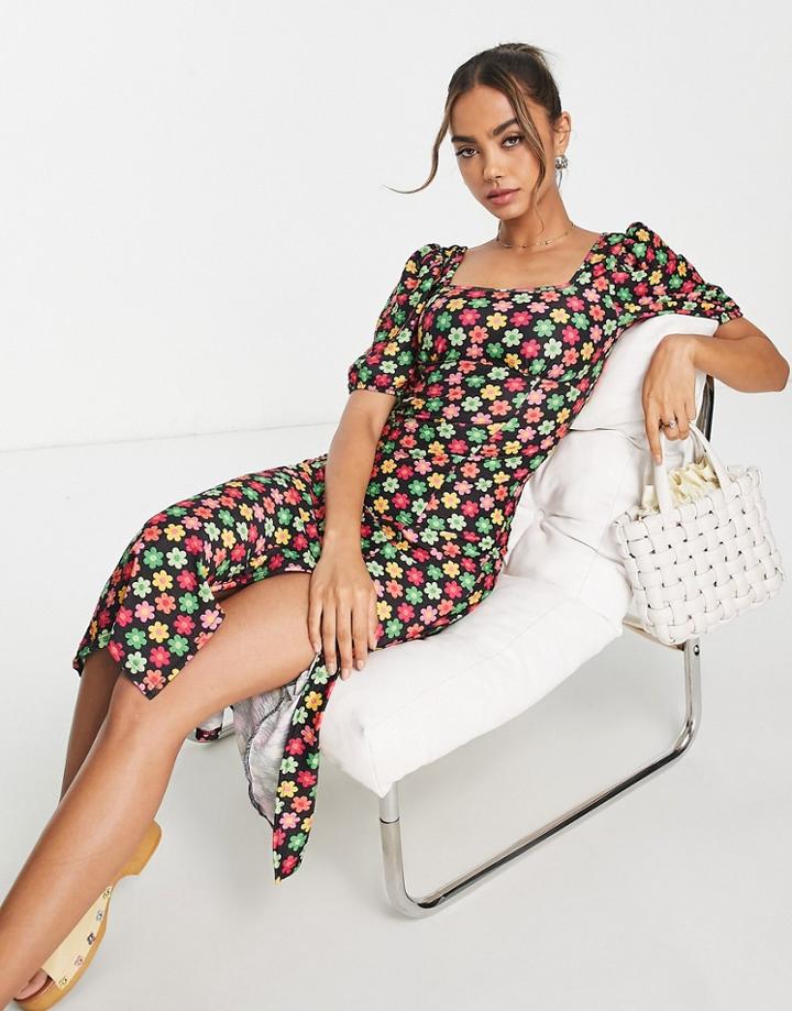 Miss Selfridge Puff Sleeve Midi Dress In Multi Daisy Print