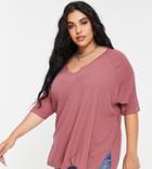 Asos Design Curve Oversized Top With V Neck In Drapey Rib In Burgundy-red