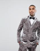 Asos Super Skinny Double Breasted Tuxedo Jacket In Gray Crushed Velvet - Gray