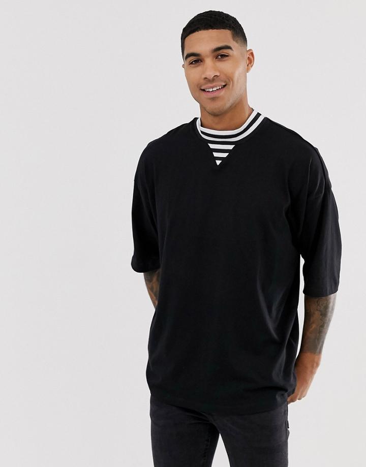 Asos Design Organic Cotton Oversized T-shirt With Stripe Neck Tipping In Black