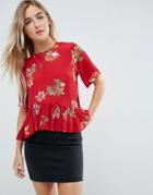 Asos Tee With Asymmetric Ruffle Hem In Red Floral - Multi