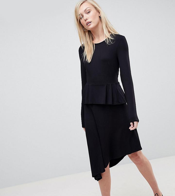 Asos Tall Asymmetric Midi Skater Dress With Peplum Detail - Black