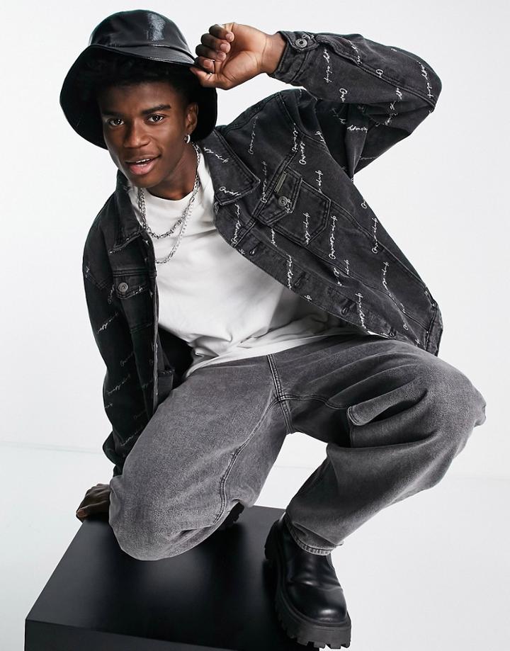 Liquor N Poker Oversized Denim Jacket In Black With Motorsport All Over Print - Part Of A Set
