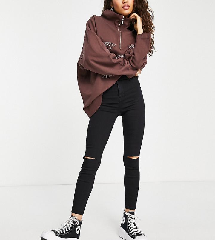 Topshop Petite Organic Cotton Blend Double Knee Rip Joni Jeans In Black