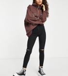 Topshop Petite Organic Cotton Blend Double Knee Rip Joni Jeans In Black