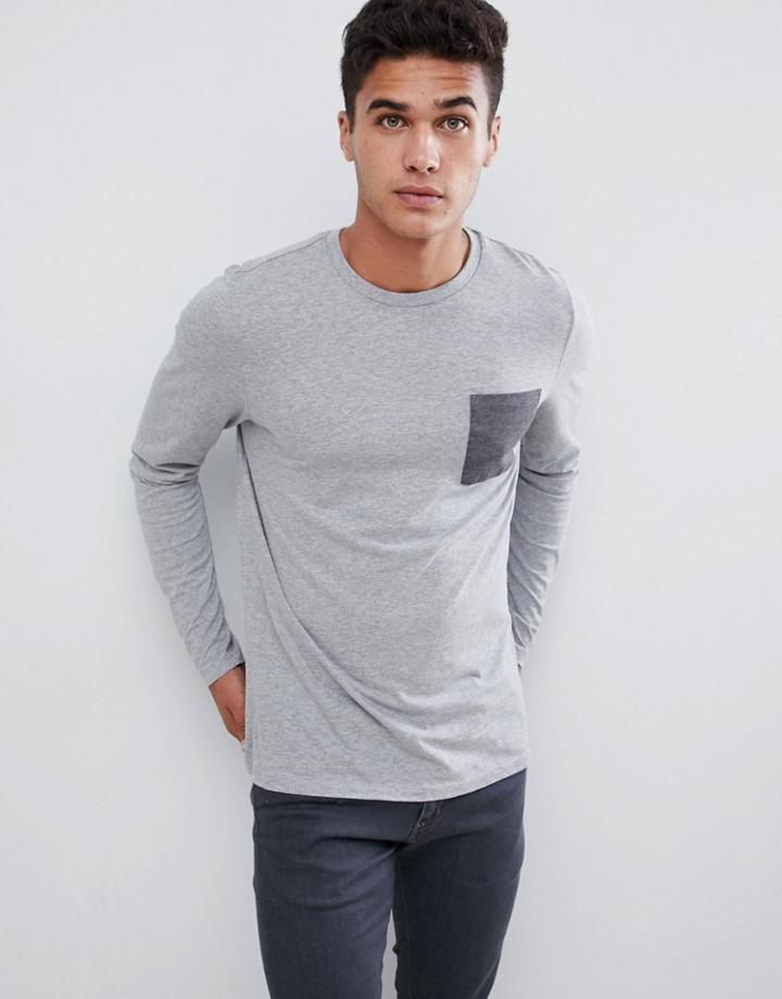 Asos Design Long Sleeve T-shirt With Contrast Pocket In Gray Marl