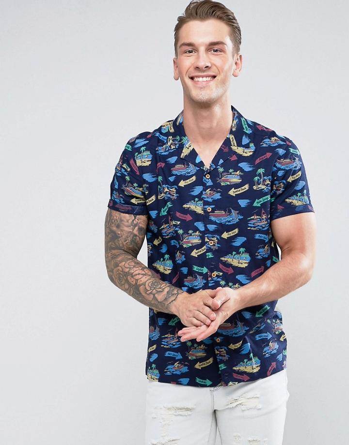 Asos Regular Fit Viscose Print Shirt With Revere Collar - Black