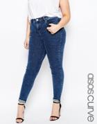 Asos Curve Ridley Skinny Jeans In Mottled Wash - Midwash Blue