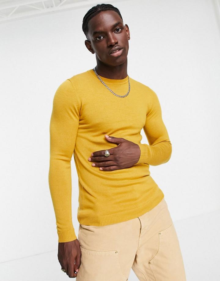 Asos Design Muscle Fit Merino Wool Crew Neck Sweater In Mustard-yellow