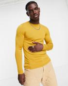 Asos Design Muscle Fit Merino Wool Crew Neck Sweater In Mustard-yellow