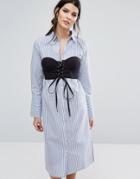 Neon Rose Shirt Dress With Corstet Overlay In Stripe - Blue