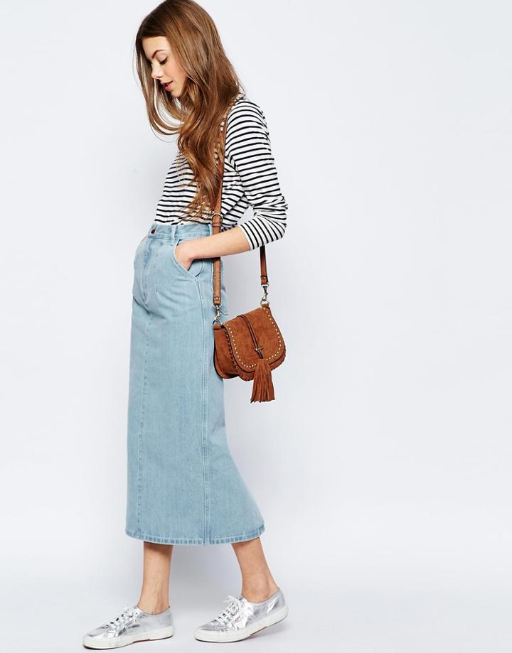 Asos Denim High Waisted Slim Midi Skirt In Light Wash Blue - Blue