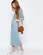 Asos Denim High Waisted Slim Midi Skirt In Light Wash Blue - Blue