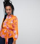 River Island Floral Print Key Hole River Island Key Hole Blouse With Tie Waist In Orange Floral - Orange