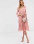 Asos Design Plunge Neck Lace Insert Pleated Midi Dress-pink