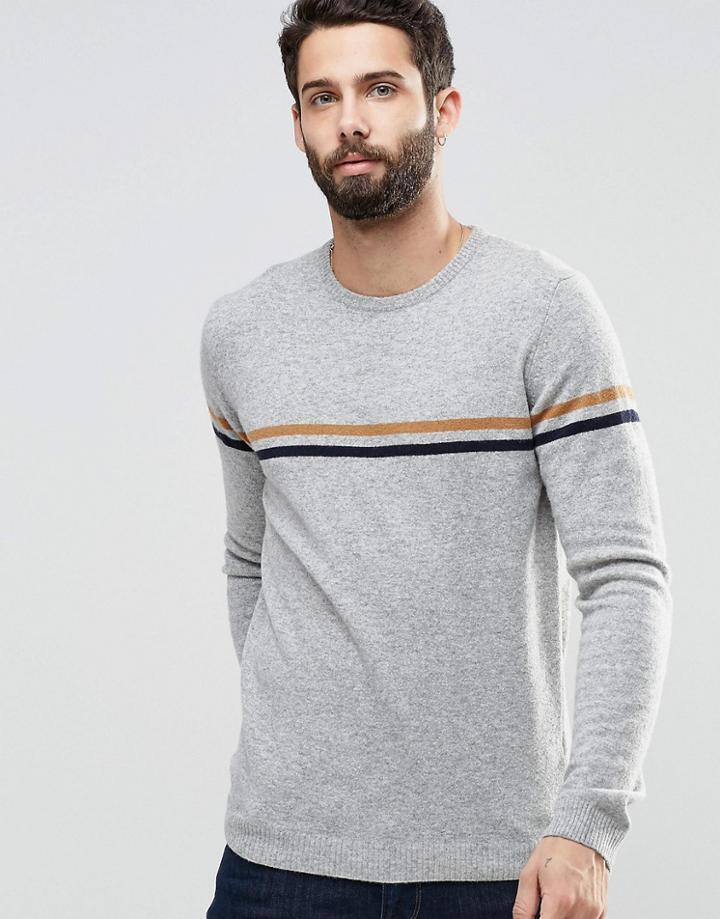 Asos Lambswool Rich Lightweight Sweater With Stripe - Gray