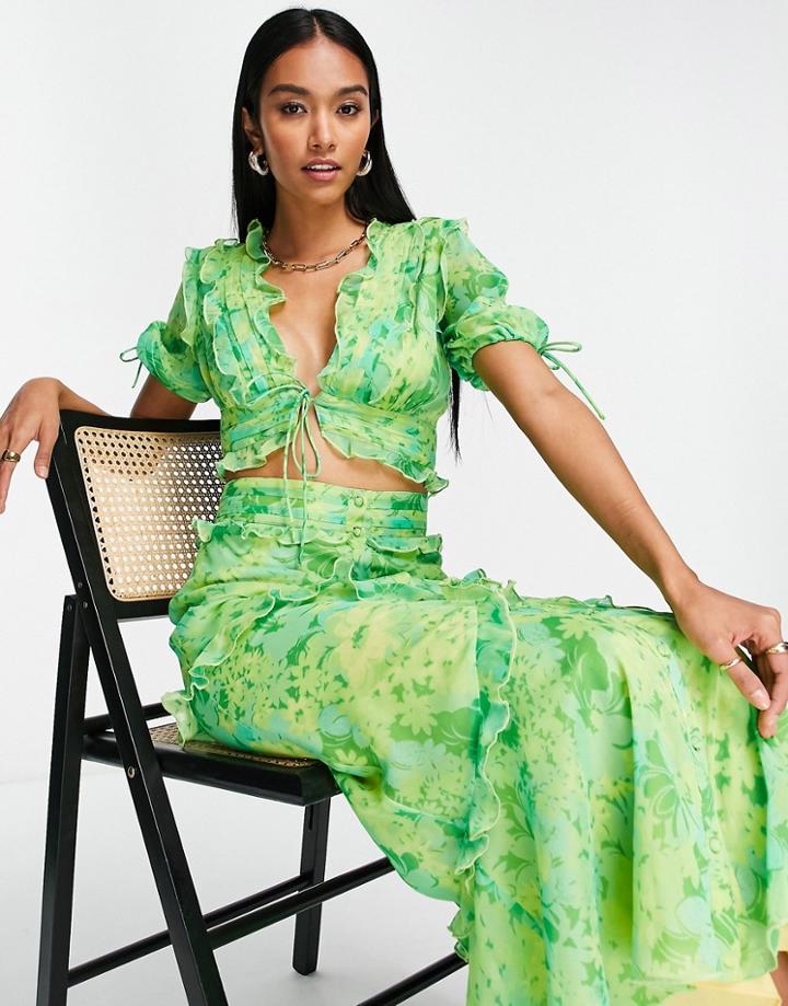 Asos Design Short Sleeve Top With Ruffle Detail And Tie Front In Green Floral Print - Part Of A Set-multi