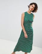Warehouse Asymmetric Hem Stripe Sleeveless Dress - Green