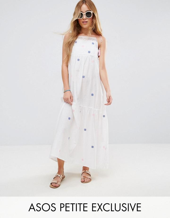 Asos Petite Cotton Maxi Dress With Embroidery And Tassels - White